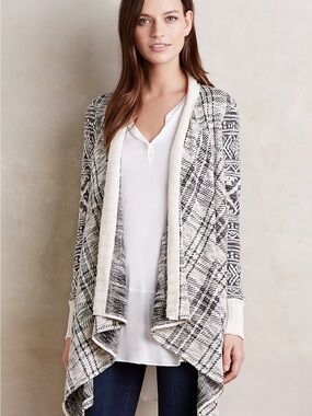 Tiny Anthropologie Open-Front Black & Cream Patterned Women's Cardigan Sweater
